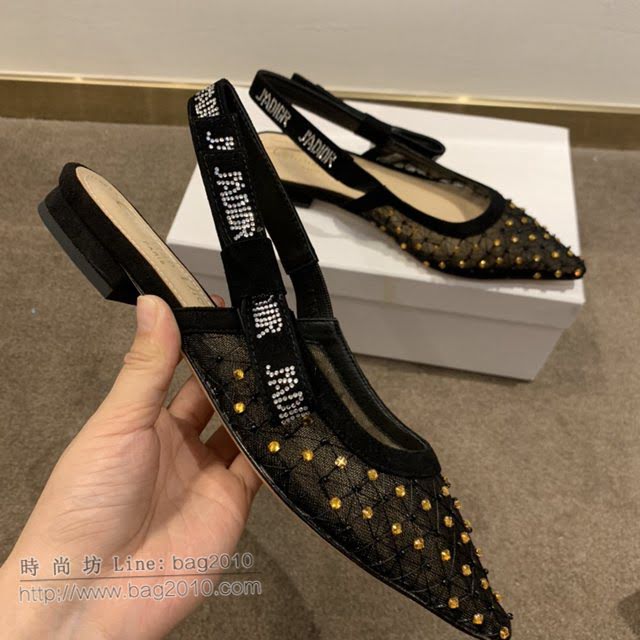 DIOR女鞋 迪奧2021專櫃新款J’ADIOR尖頭涼鞋 Dior網紗燙鑽路跟涼鞋  naq1526